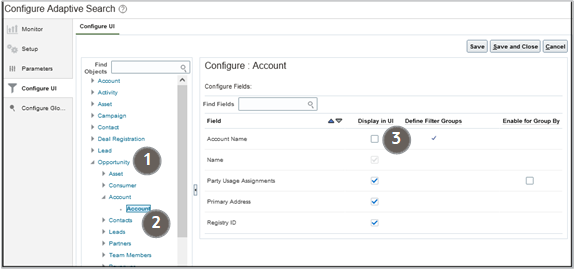 Screenshot of the Configure UI tab with callouts highlighting the Opportunity object, the Account field and the Display in UI option.