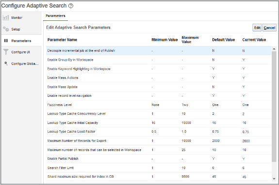 Screenshot of the Parameters tab of the Configure Adaptive Search UI