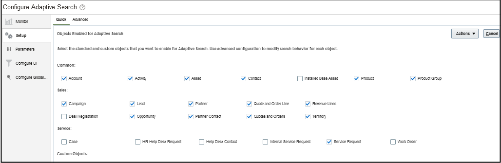 Sample screenshot of the Quick setup tab of the Configure Adaptive Search UI