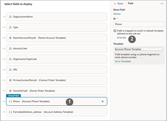 Detail in the layout of the copy you made showing the layout fields and the location of the override link