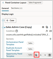 Screenshot showing the Sales Admin Case (Copy), highlighting the Opportunity Panel Template duplicate icon