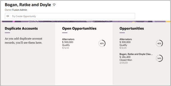 Screenshot of the resulting Open Opportunities and Opportunities panels on the copy of the sales administrator layout