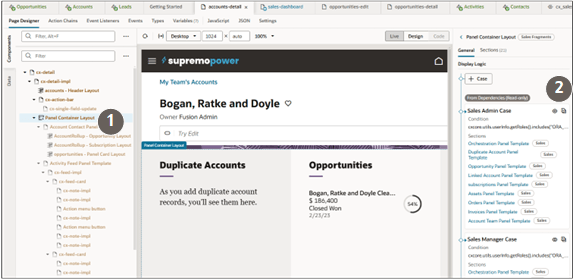 Screenshot of the main part of the Oracle Visual Builder Studio page when you display the account details page and select the Panel Container Layout