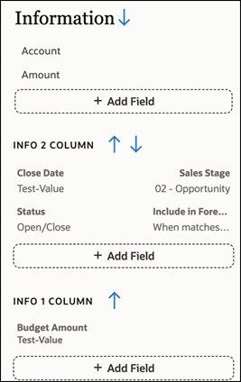 Example of the summary view layout for Opportunity, where the two fields in the Information section display without field labels. The fields in the Info 2 column and Info 2 column sections do display with field labels.