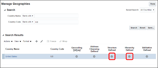 Screen capture of the Manage Geographies page after import completes for the United States. The Structure Defined and Hierarchy Defined fields display check marks.