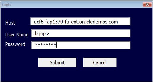 Screen capture of the Login window with sample data for the Host; a sample user name; and a masked password.