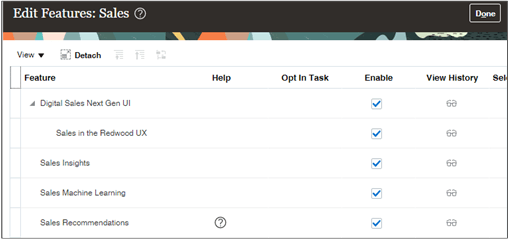 Edit Features: Sales page showing the Digital Sales Next Gen UI and Sales in the Redwood UX features enabled.