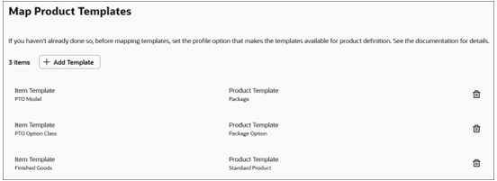 The screenshot shows an example of the Map Product Templates page.
