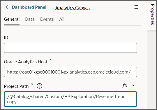 This screenshot illustrates how to set the Oracle Analytics Host and object ID for the analytic component.