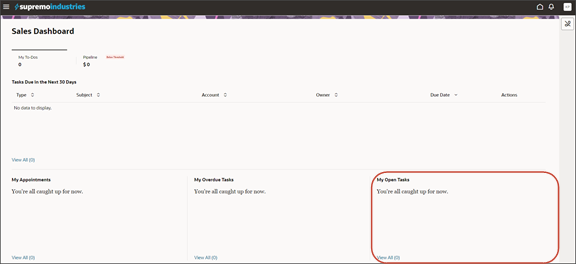 This screenshot illustrates the new dashboard with the My Open Tasks component now displayed.