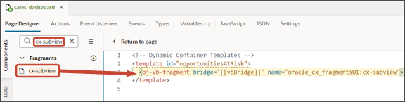 This screenshot illustrates how to drag a fragment to the template editor.