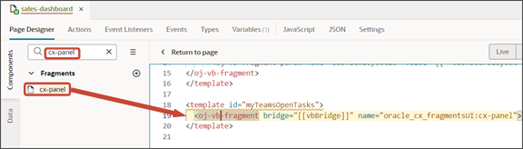 This screenshot illustrates how to drag a fragment to the template editor.