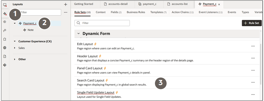 Screenshot of the Layouts tab of VB Studio with callouts showing the navigation discussed in the text