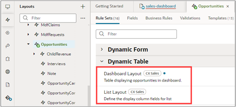 Layouts used for specifying the fields displayed in tables and lists