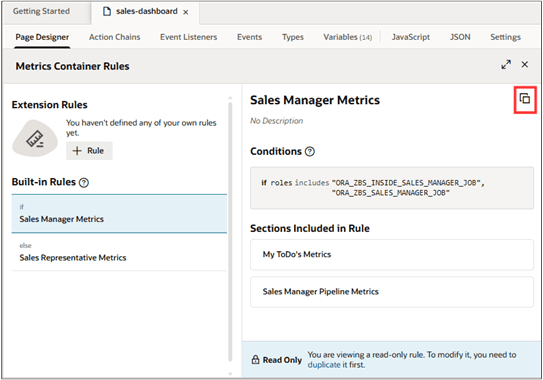 VB Studio sales dashboard tab showing the location of the Duplicate Rule button on the Metrics Container Rules page