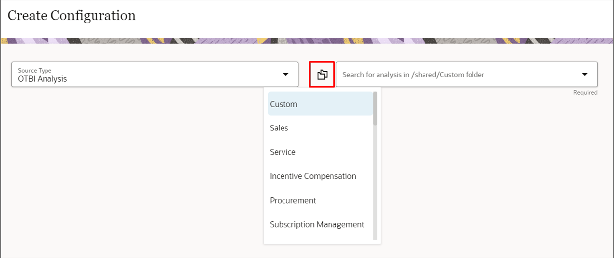 Create Configureation page highligting the icon used for selecting the folder that's the locatoin of the analysis.
