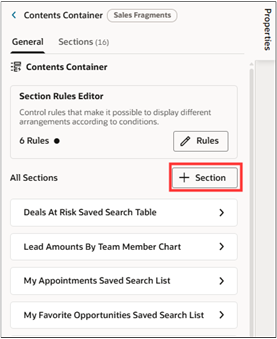 Contents Container Properties pane with the + Section button highlighted