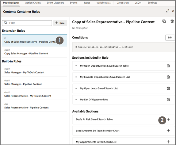 Contents Container with callouts identifying a selected extension rule and the Add Rule button.