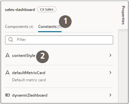 Properties pane highlighting Constants tab and Content Style selection