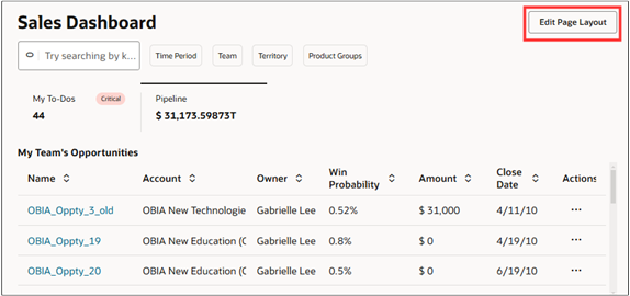 Sales dashboard with the Edit Page Layout button highlighted.