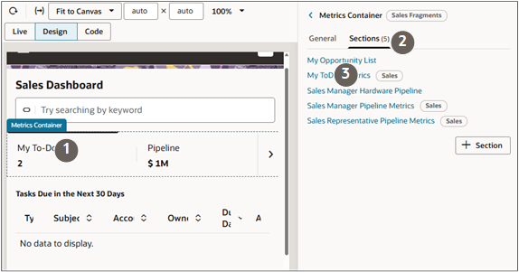 Sales Dashboard Page Designer tab showing the selections mentioned in the text.