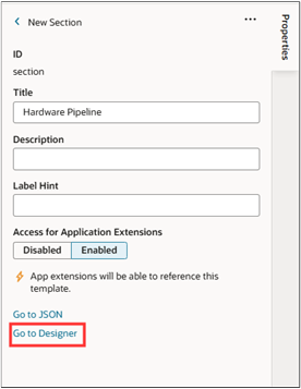 Properties section with the Go to Designer link highlighted