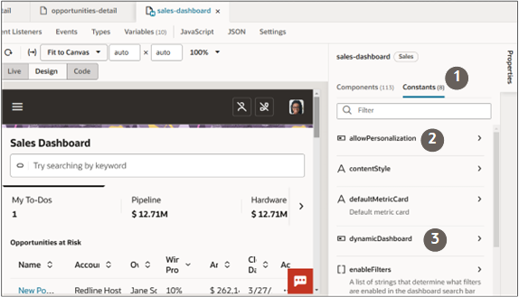 Partial screenshot of the Page Designer Components Properties in VB Studio, highlighting the Constants tab and allowPersonalization selection