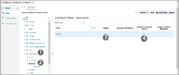 Sample screenshot of the Advanced tab of the objects enabled in Adaptive Search