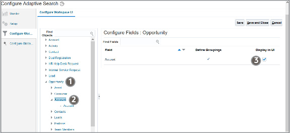 Screenshot of the Configure Workspace UI tab with callouts highlighting the Opportunity object, the Account field and the Display in UI option.