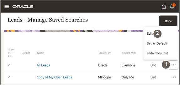 Manage Saved Searches showing the location of the Actions menu and Edit selection