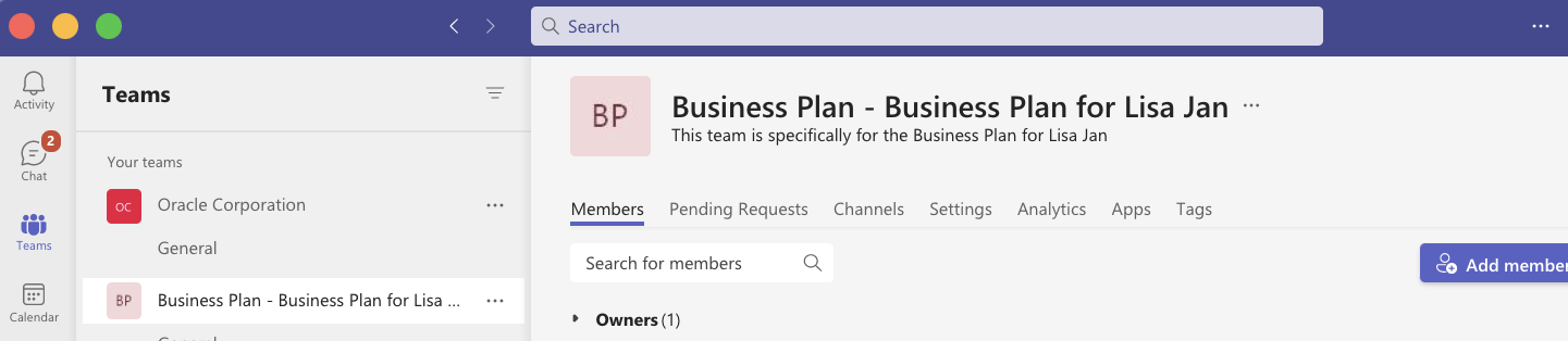 The screenshot shows the business plan team created in Microsoft Teams.