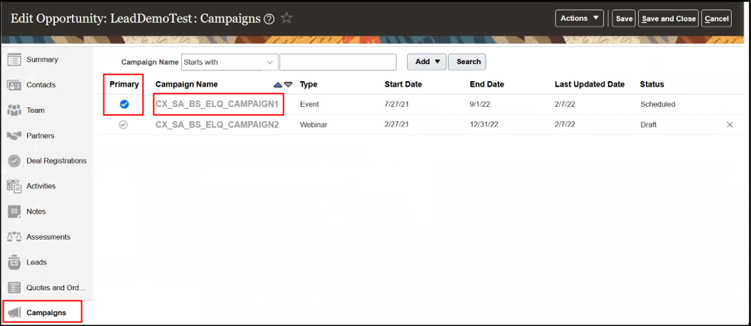 Screenshot shows the Primary check box from the Campaigns subtab in the Edit Opportunity page