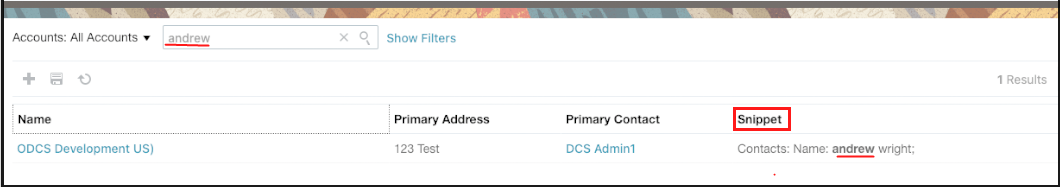 Screenshot shows the Snippet field highlighting the part of the record that matches the keyword