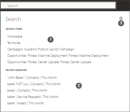Global search showing recent items and recent searches.