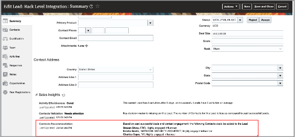 Screenshot of a lead contact recommended using sales insights