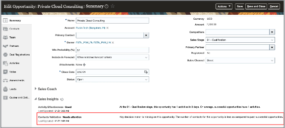 Screenshot of an opportunity contact validation using sales insights