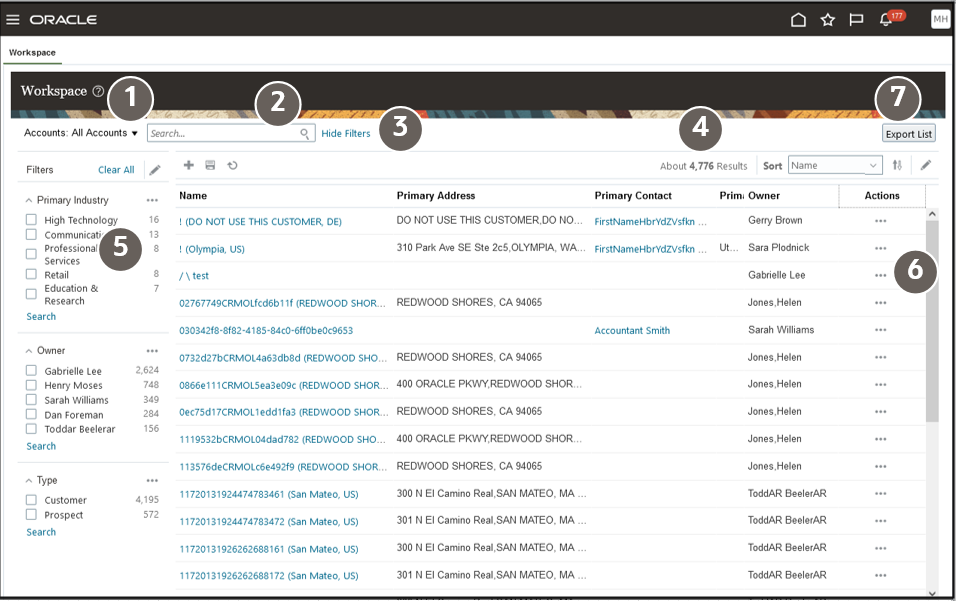 Workspace showing sample list of accounts. The page shows the open Filter panel with filters for Primary Industry, Owner, and Type. Key features discussed in the text are highlighted by callouts.