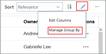 Screenshot of the Workspace page highlighting the location of the Manage Group By item