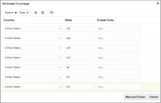 Screenshot of the Address Coverage window with CA, WA, OR, CO, HI, MT, NV entries for states and Any for postal codes.