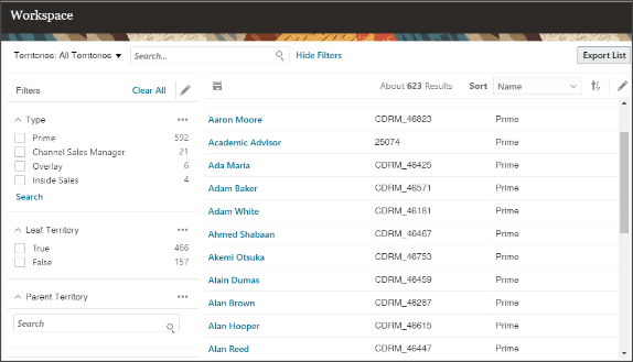 Sales territories displayed in Workspace.