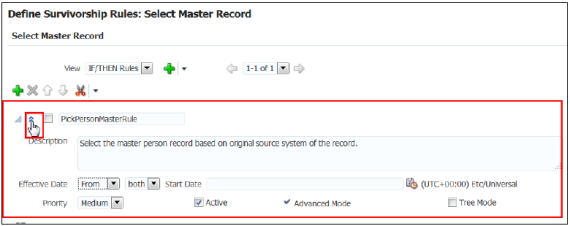 The Define Survivorship Rules: Select Master Record page with Advanced Settings icon highlighted.
