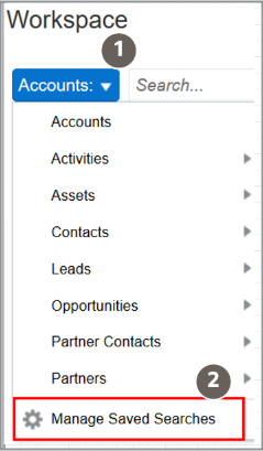 List of business objects that appears when you click the business object selector. The image highlights the location of the Manage Saved Searches task.