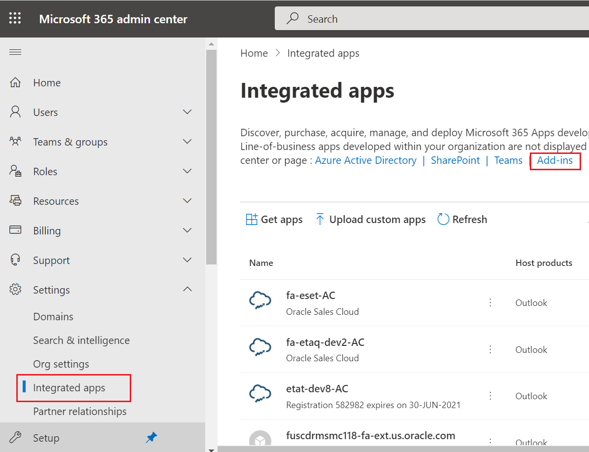 click Add-ins on the Integrated apps page and select the Oracle Microsoft 365 add-in.