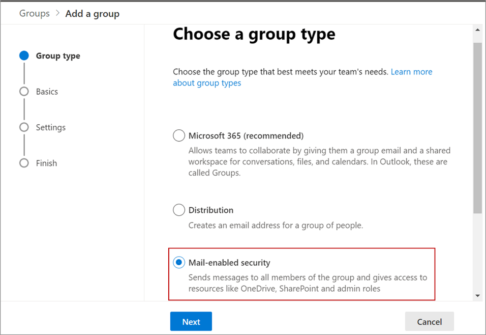 Select the Mail-enabled security option for the group type.
