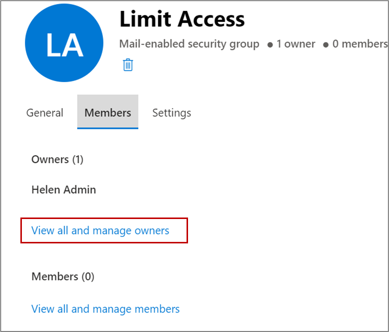 On the Members tab, click the View all and manage owners link to add more owners to your group.