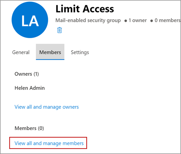 Click the View all and manage members link to add users to the security group you created.