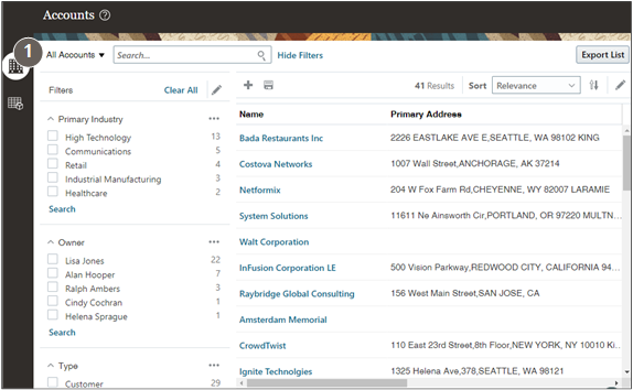 Accounts work area powered by Adaptive Search