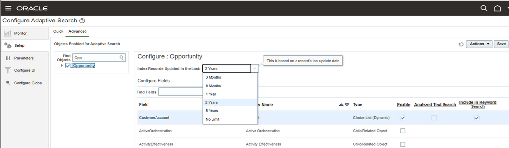 Screenshot showing where to specify the duration to keep indexing records in Adaptive Search