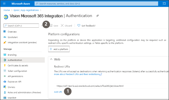 Authentication with Add Platform and Configure platforms Web selection highlighted with callouts