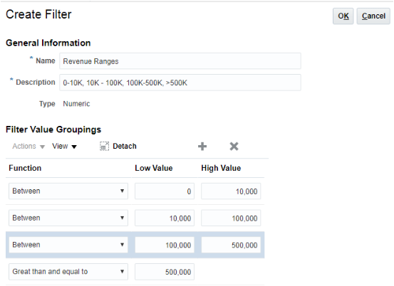 Screen capture of the Create Filter window for a sample numeric field filter. The filter, called Revenue Ranges, includes filter value groupings described in the text.